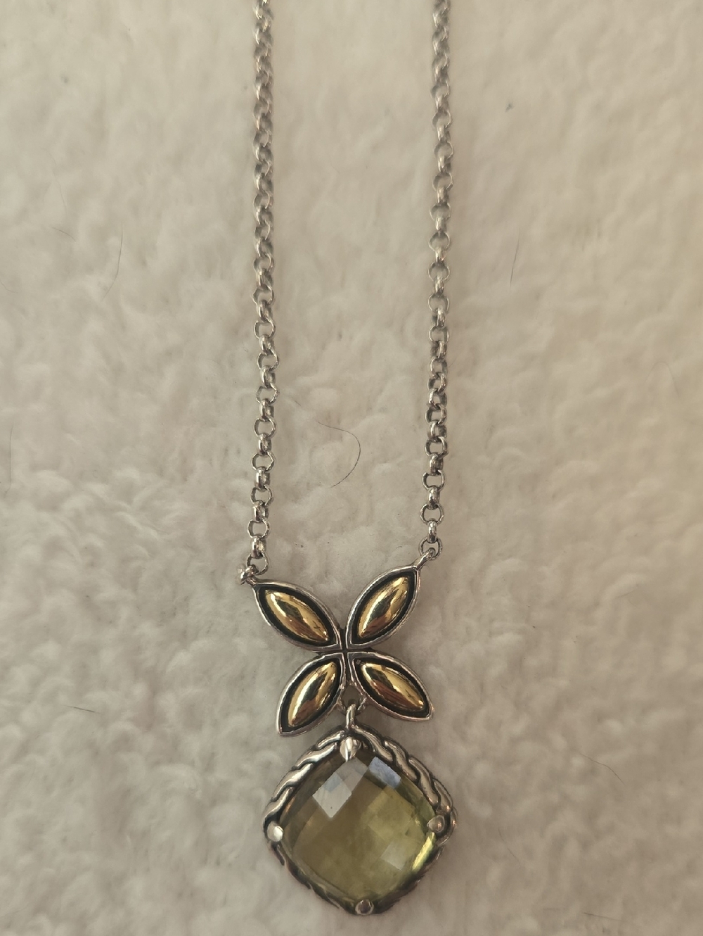 John Hardy Silver Necklace with Gold-Tone Petal Accents and Light Green Gem